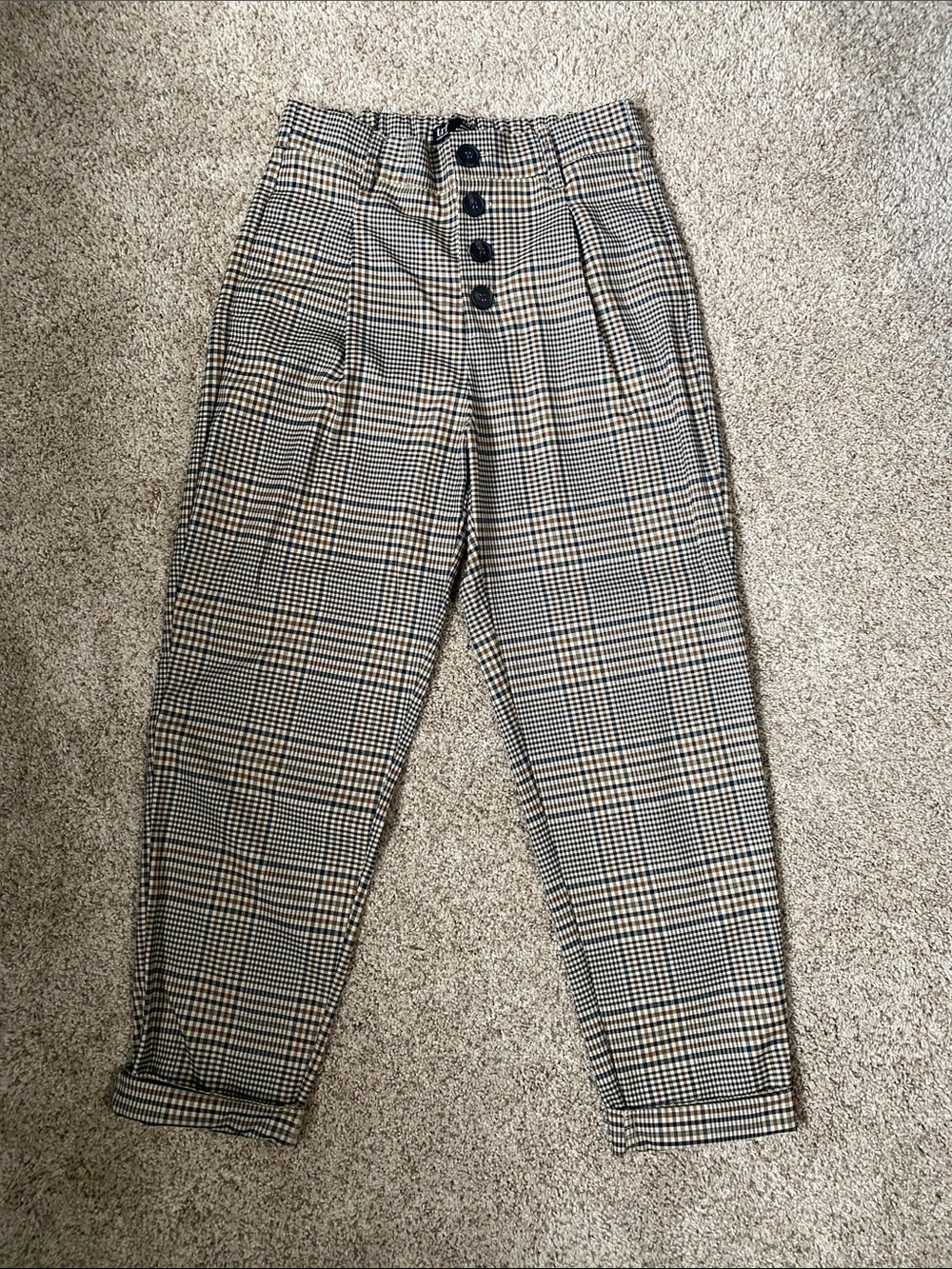 Zara Green and Cream Glen Plaid High-Rise Trousers with Button Fly